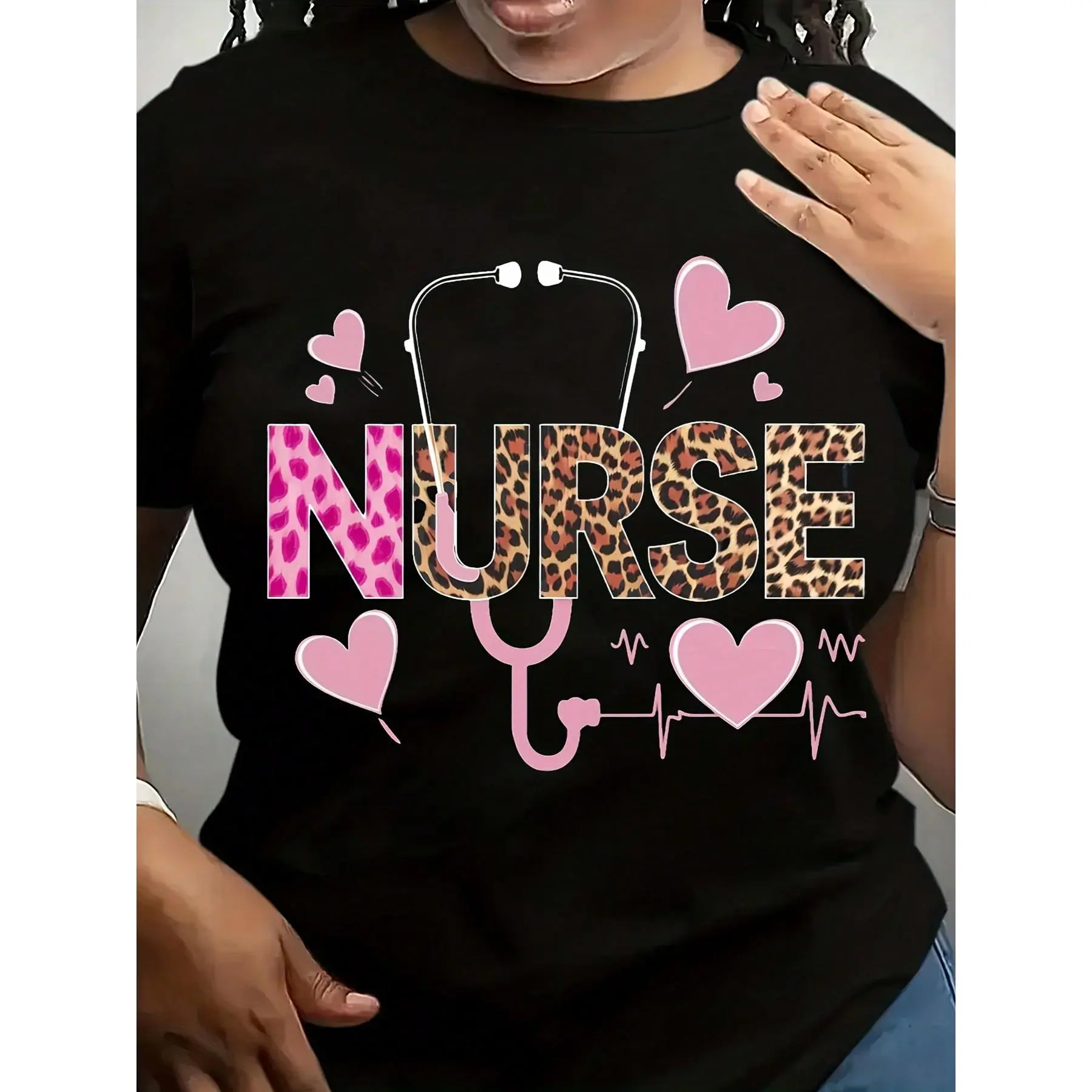 Women's Plus Size Nurse Graphic Cotton Fabric Tops - Short Sleeve, Crew Neck, Stethoscope & Heartbeat Design, Comfort Fit Casual Nurse T-Shirt - 220g