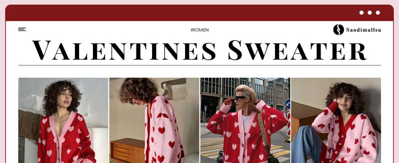 Saodimallsu Womens Oversized Heart Cardigan Color Block V Neck Button Long Sleeve Chunky Valentines Sweaters with Two Pockets & Contrast Trim