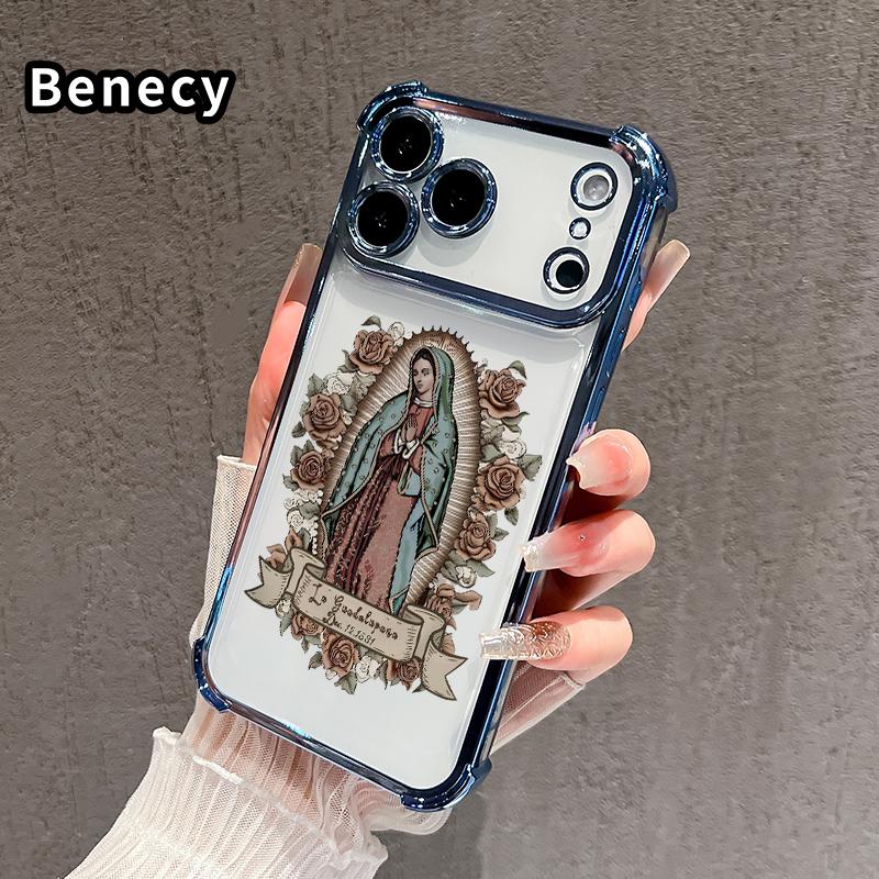 Protective Four Corners Plated Clear Phone case for iPhone 17 Pro Max 16 15 Plus Air 14 13 12 11 E Guardian Angel Patterned Shockproof Transparent Soft Silicone Cover