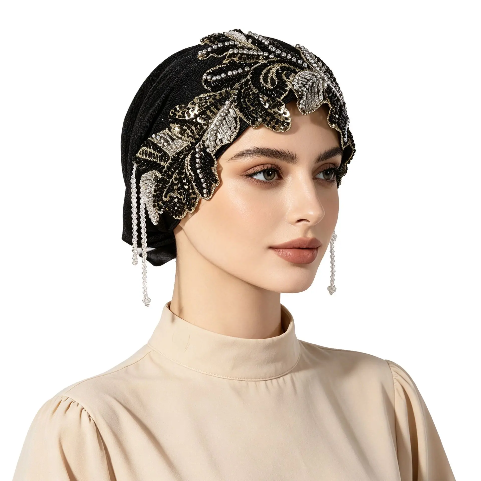 Viral Black Gold Heavy Beaded Sequin Turban Beanie Cap with Hanging Beaded Tassels Soft Stretch Full Coverage Headwrap Women Church Evening Party Wedding Modest Fashion