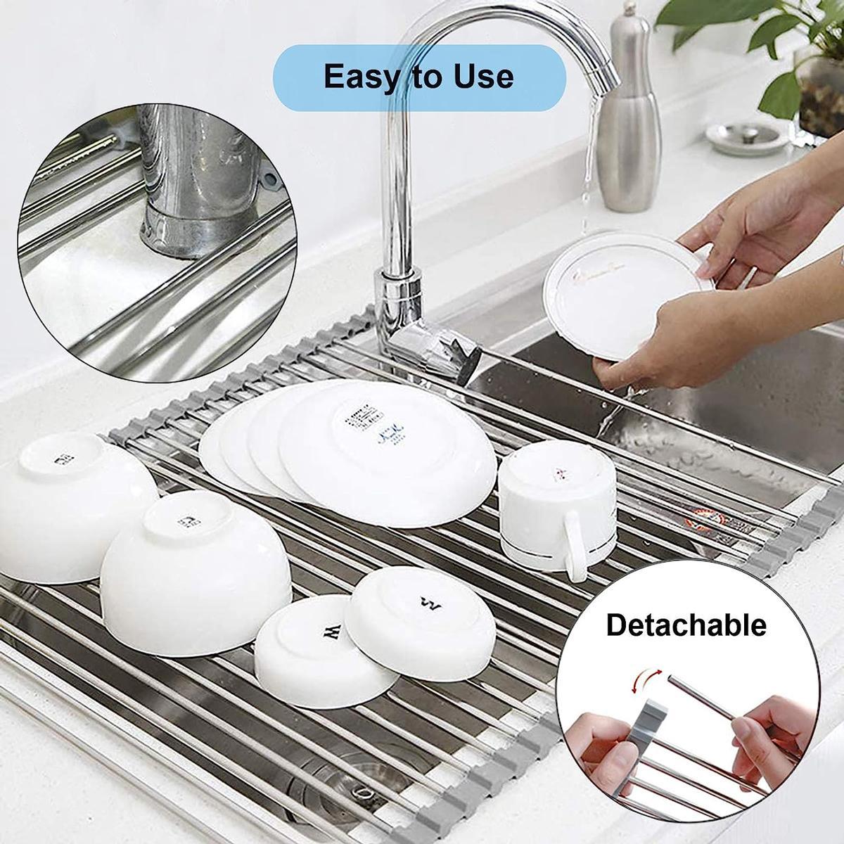 Stainless Steel Foldable Dish Drying Rack, 1 Count Roll Up Dish Drying Rack, Over The Sink Dish Drainer, Kitchen Counter Storage Rack