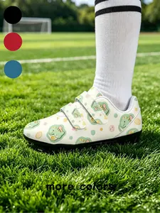 1 Pair Kids Velcro Football Cleats With Cream Base Light Green Dinosaur & Dot Print, Soft Fresh Playful Sports Style, Non-slip Black Stud Sole & Wear-resistant Upper, Soccer Shoes For Boys And Girls Grass Training And School Matches