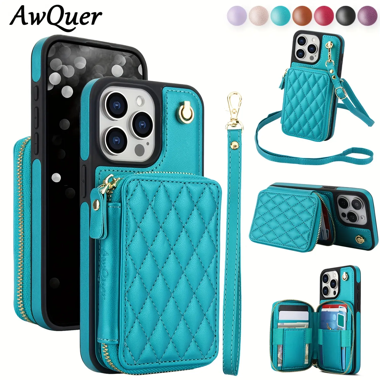 Phone Case - AWQUER Crossbody PU Faux Leather Back Cover for Iphone 17 Air, 16E, 16, 15, 14, 13, 12, 11 Pro, X, XS Max, XR, 8, 7 Plus, SE, 5G for The Years 2024, 2022, And 2020, Featuring a Wrist Strap, Zipper Wallet