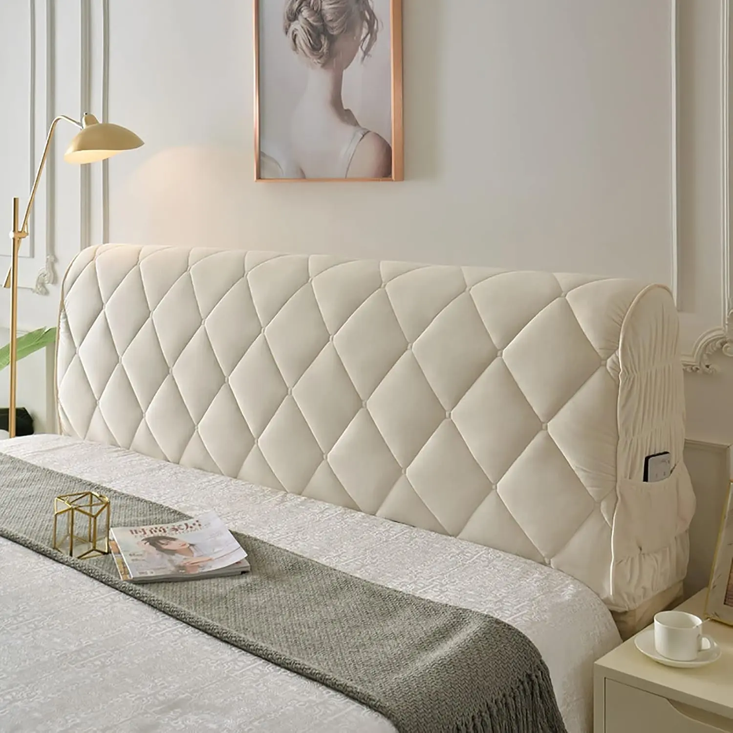 CAMZ Thickened Bed Headboard Cover, Quilted Bed Headboard Slipcover Elastic Dustproof Protector, Velvet,, Phone, Wrinkle Resistant, White, 180cm(71 inch)