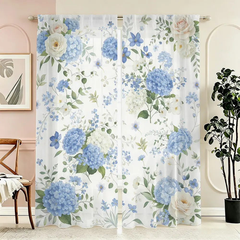 2 Panels Hydrangea Print Light Filtering Sheer Curtains, Window Curtain, Rod Pocket Design, Semi-Transparent Privacy Drapes,Ideal for Bedroom, Living Room, Kitchen, Home Decor