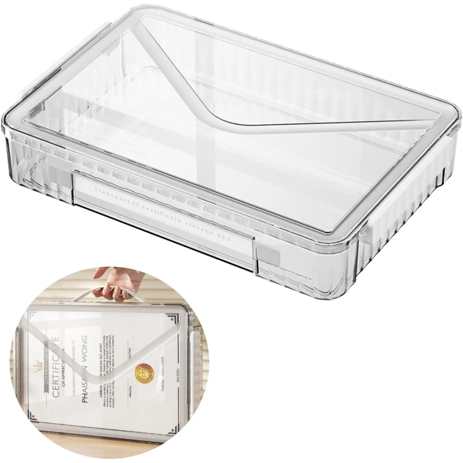Vanci Bin with Lid Project Case with Handle Clear Box File Document Protector Stackable Container for A4 Letter Paper Photo Craft ScrapbookWhite Handle.