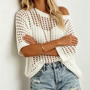 Sexy Off Shoulder Crochet Knit Top Summer Hollow Out Loose Mesh Pullover Casual Beach Bikini Swim Coverup for Women