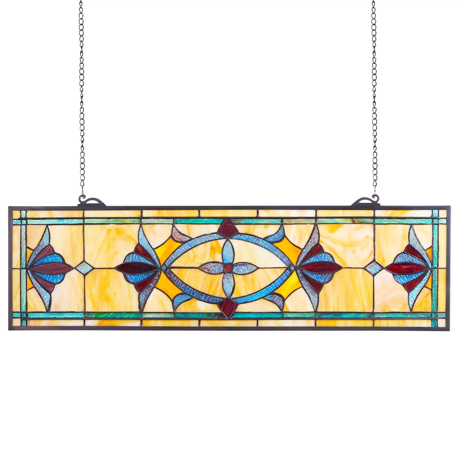 【DealsForYouDays】VEVOR Stained Glass Window Panel, 32 x 10 in, Tiffany Style Hanging Transom Window Panel with Chain, Large Horizontal Rectangle Stain Glass, Vintage Traditional Art Handcrafts for Kitchen Home Decor