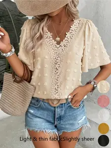 Women's Elegant Feminine Swiss Dot Butterfly Sleeve Lace Trim Shirt, Short Sleeve Commuter Top, Loose-Fit Casual Summer Blouse for Everyday Wear