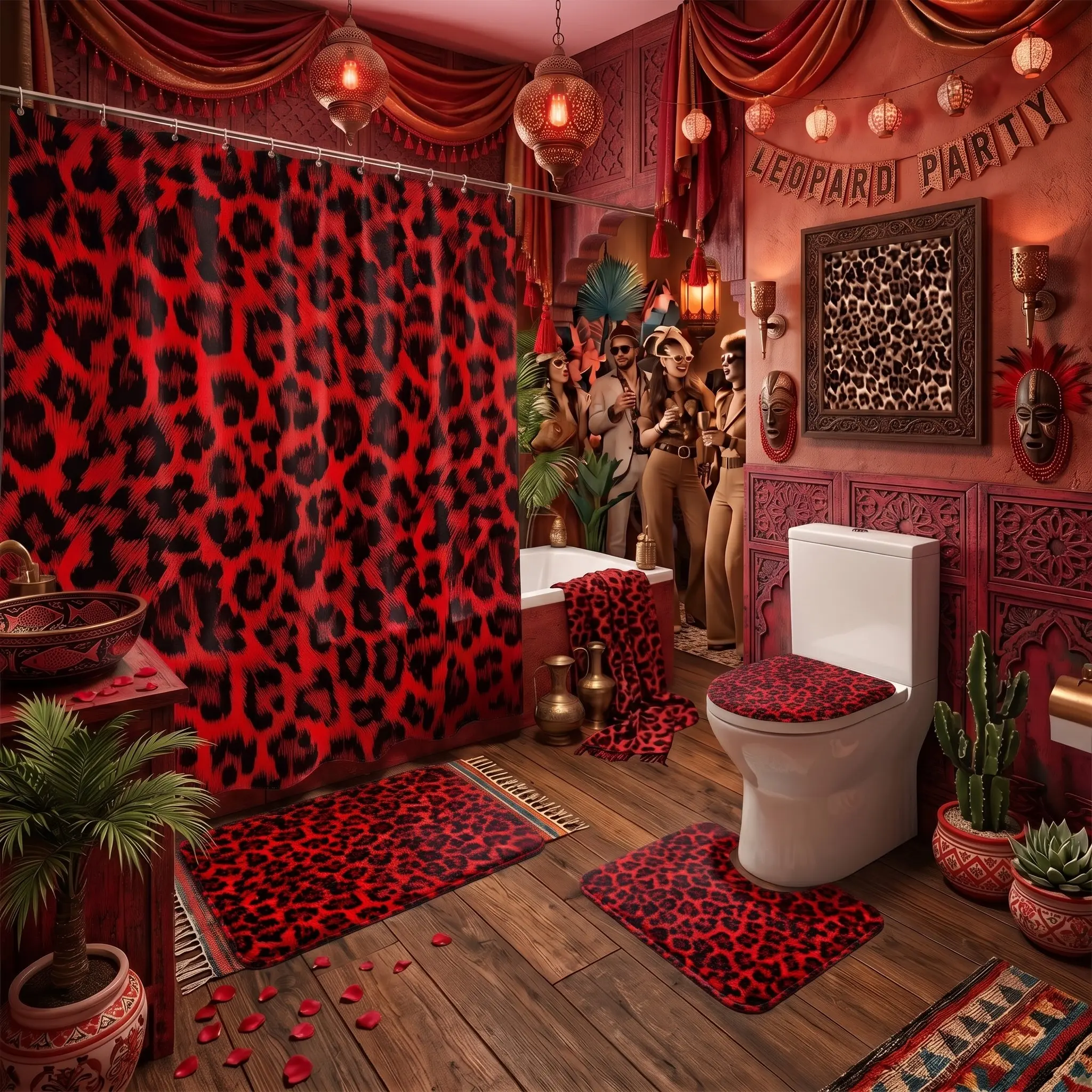4pcs Red and Black Cheetah Print Shower Curtain Set, Non Slip Rug, Toilet Lid Cover, Modern Bathroom Decor for Holidays, Aesthetic Bath Set,Holiday Housewarming Gift