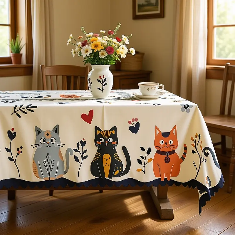 Polyester Colorful Cat Heart and Leaf Printed Oval Tablecloth - Various Sizes, Washable, for Kitchen Dining Room Everyday Decor, Clearance Sale