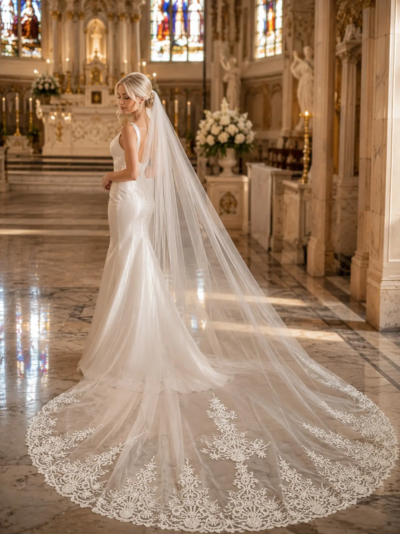 3-Meter Floral Lace Cathedral Veil – Grand, ornate single-tier ivory tulle bridal veil with an extra-long train; an elegant accessory perfect for European-style cathedral weddings and photography.