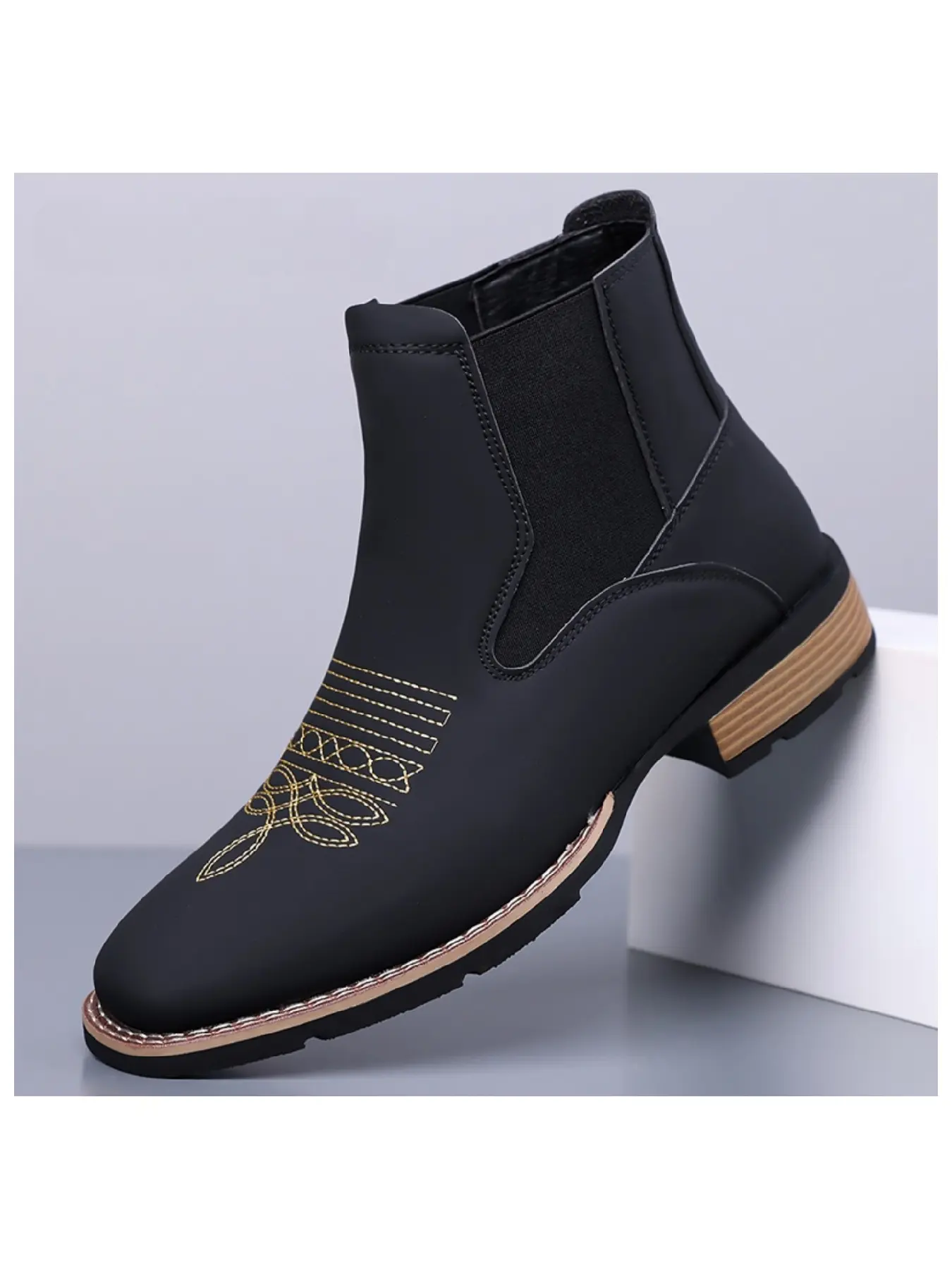 Men's Vintage Embroidered Chelsea Boots, Western Style Slip On Elastic Ankle Boots, Distressed Leather Block Heel Casual Work Boot, Non Slip Outdoor Dress Ankle Boots for Daily Commute, Classic Ankle Boots