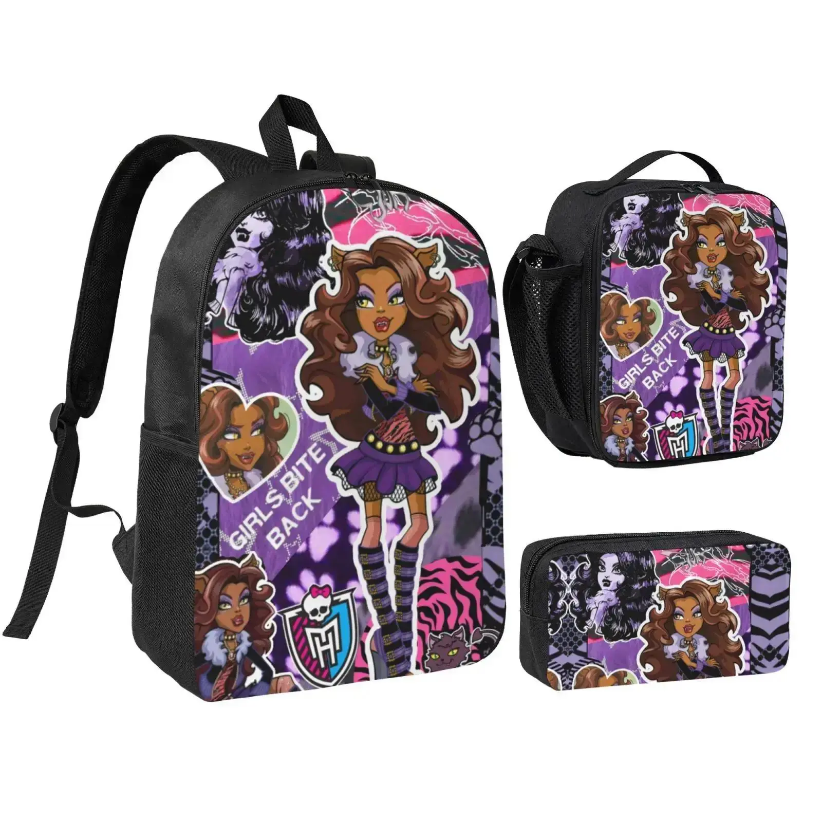 "Monster High" lightweight backpack set, including a lunch bag and pencil case; this 17-inch backpack is ideal for students, featuring a Draculaura-themed backpack and a Cleo de Nile-themed lunch bag.