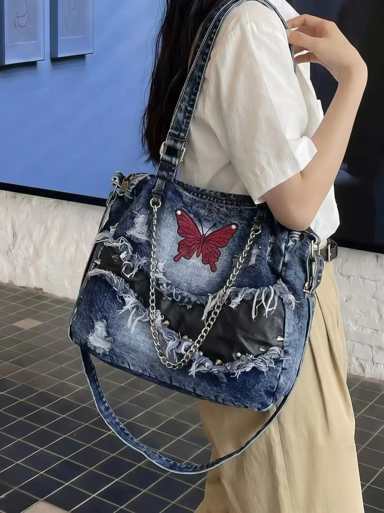 Y2K Trendy Women + Vintage Washed Denim Tote Bag + Red Butterfly Patch with Ripped Fray & Chain Detail, Large Capacity + Daily Campus Outfit, Streetwear Photo Look