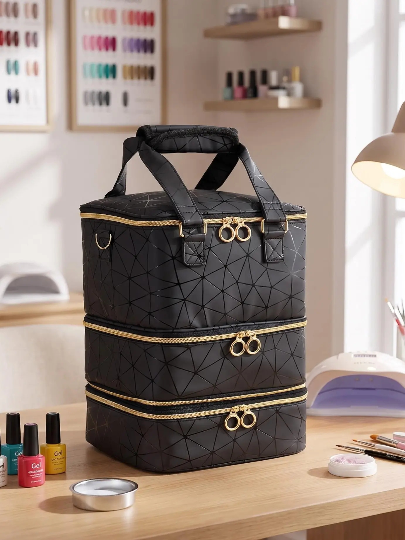 Nail Polish Organizer Bag, Beauty Storage Pouch, Holds 60 Bottles & Nail Lamp, Large Gel Polish Organizers and Storage box for Nail Tech, 3 Layers PU Leather Nail Kit Storage Organizer Case With Shoulder Strap, Portable Travel Naile