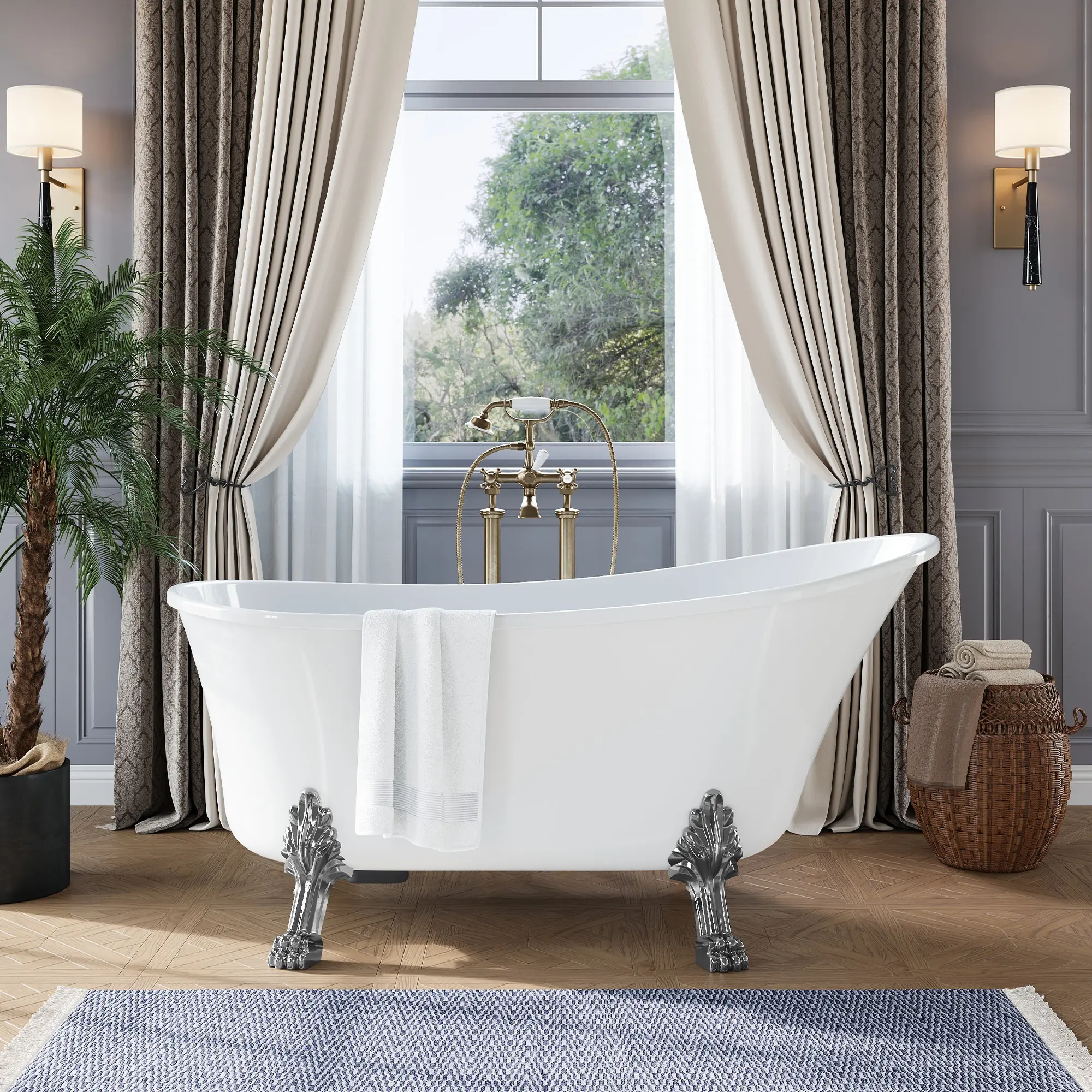 Clawfoot Tub, Acrylic Freestanding Bathtub with Pop-Up Drain & Overflow, Heavy Duty Stand Alone Soaking Tub with Chrome Slipper Claw Feet