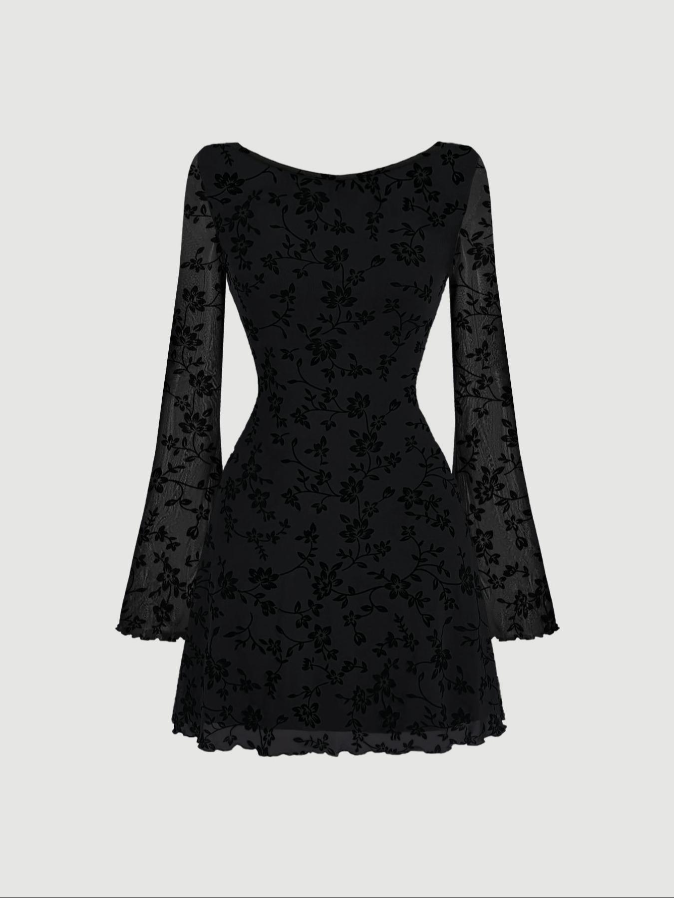 Women's Floral Print Backless Flounce Sleeve Dress, Elegant Round Neck Long Sleeve A Line Dress for Party Holiday Wedding Guest, Ladies Clothes, Womenswear