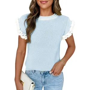 Saodimallsu Women's Ruffle Short Sleeve Color Block Sweater, Casual Crew Neck Loose Cotton Knitting Pullover Top