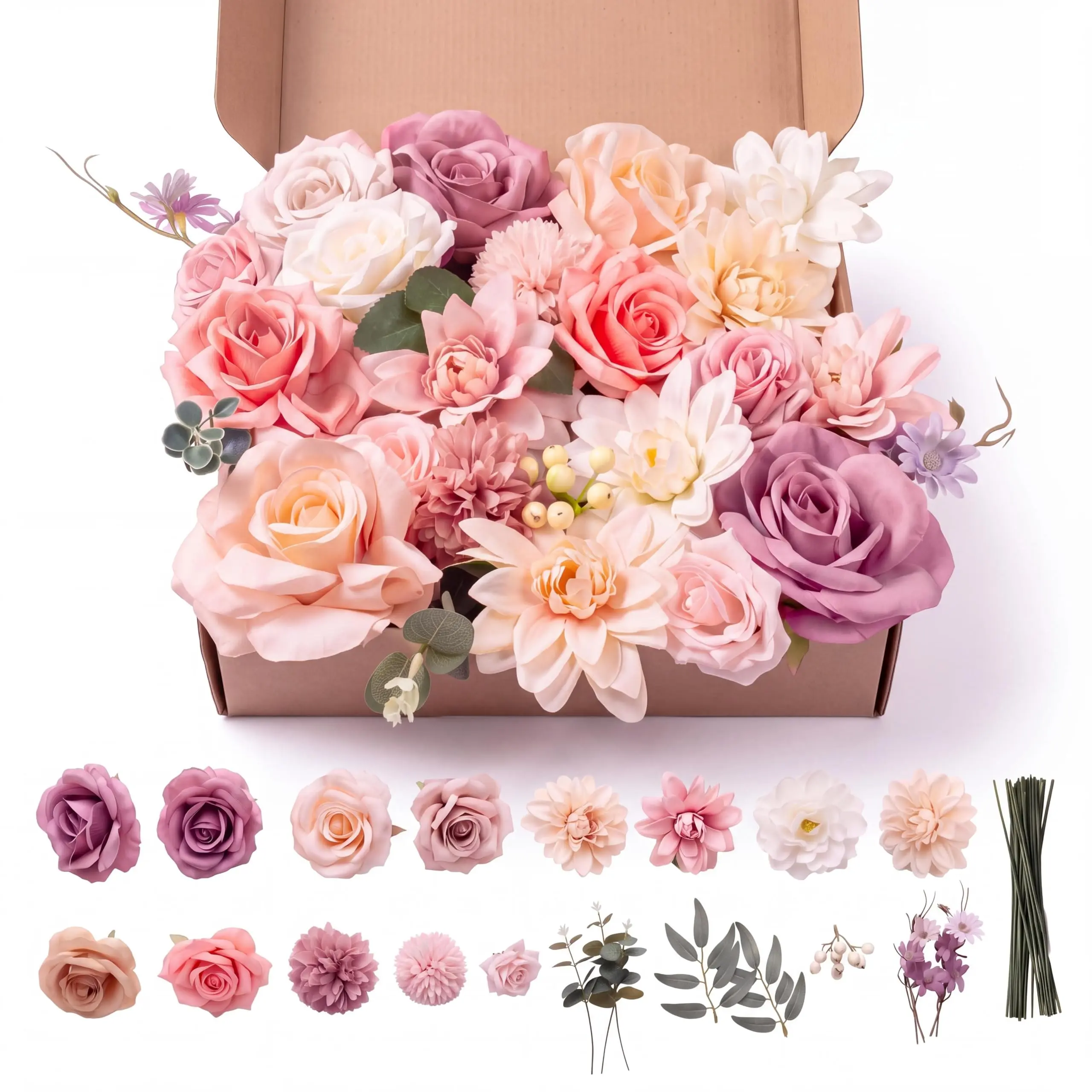 Pink Artificial Silk Rose and Dahlia Floral Set, Decor Box-Included Fake Flowers for Home Decor, Wedding Supplies