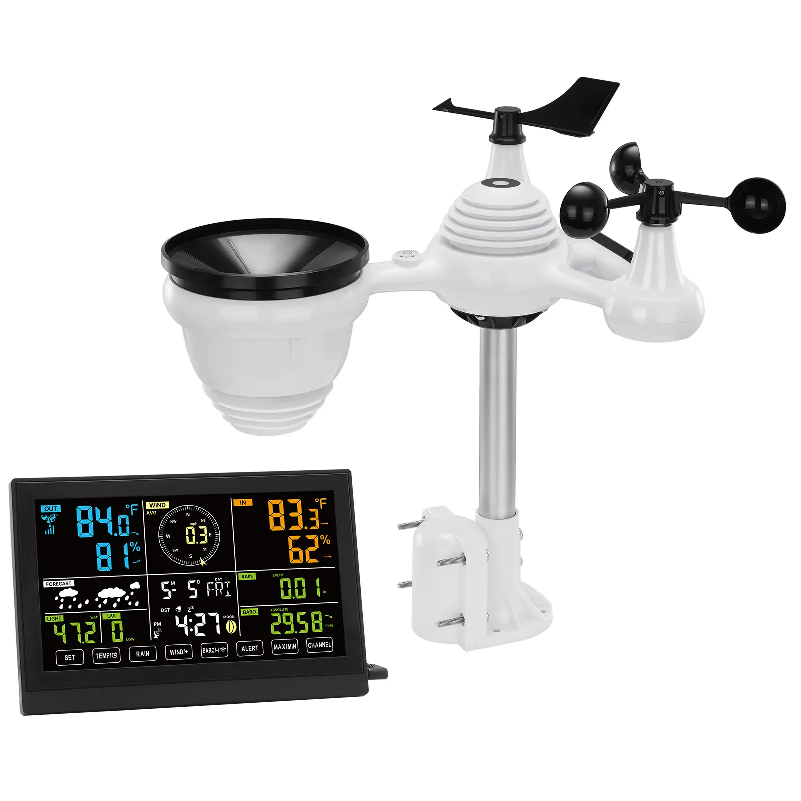 7-in-1 Wireless Weather Station, 7.5 in Color Display, Digital Weather Station Indoor Outdoor, for Temperature Humidity Wind Speed/Direction Rain UV, with Forecast Data, Alarm, Alerts-NO WIFI