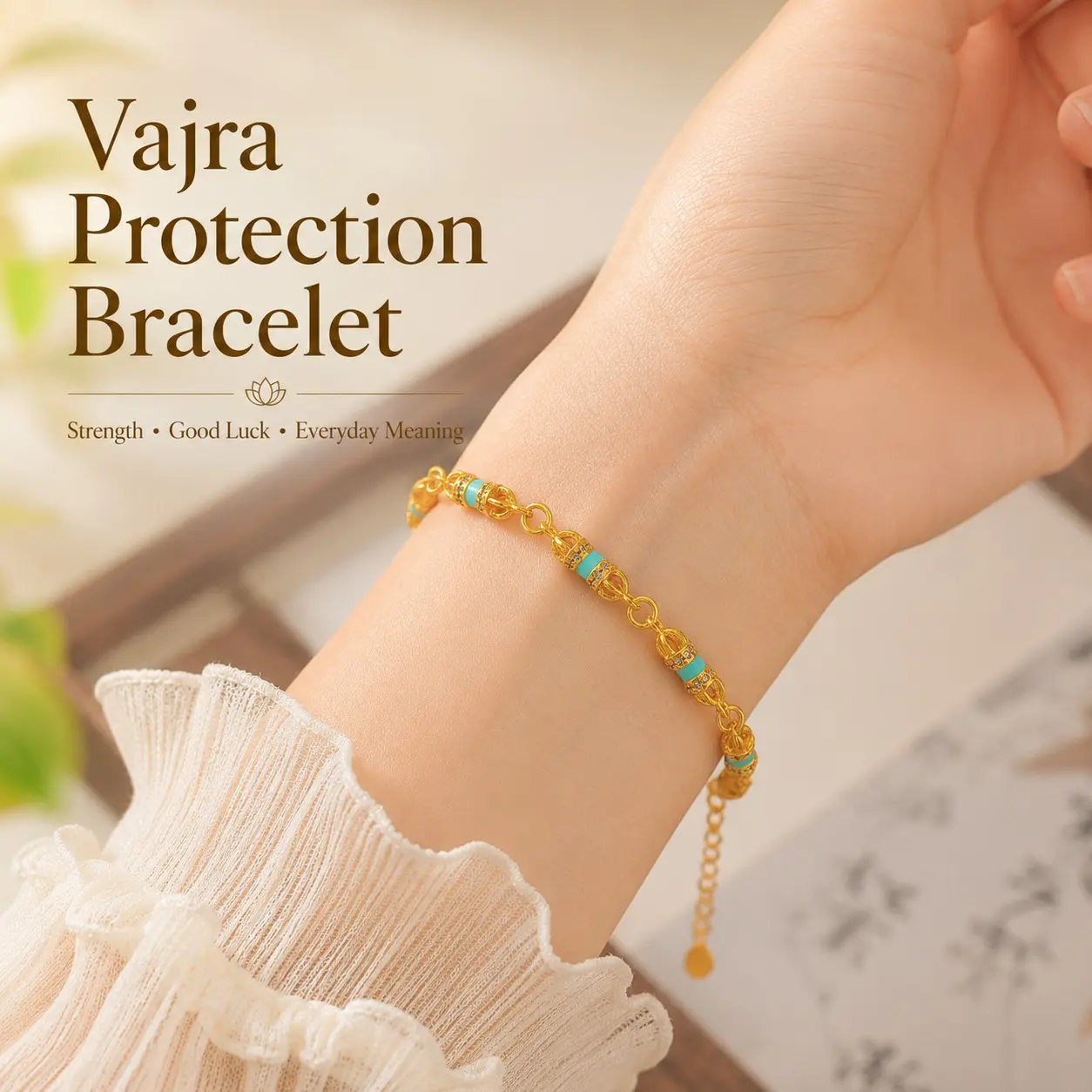 Gold-Tone Vajra Bracelet for Women, Green Accent Protection Charm Bracelet, Adjustable Everyday Jewelry Gift
