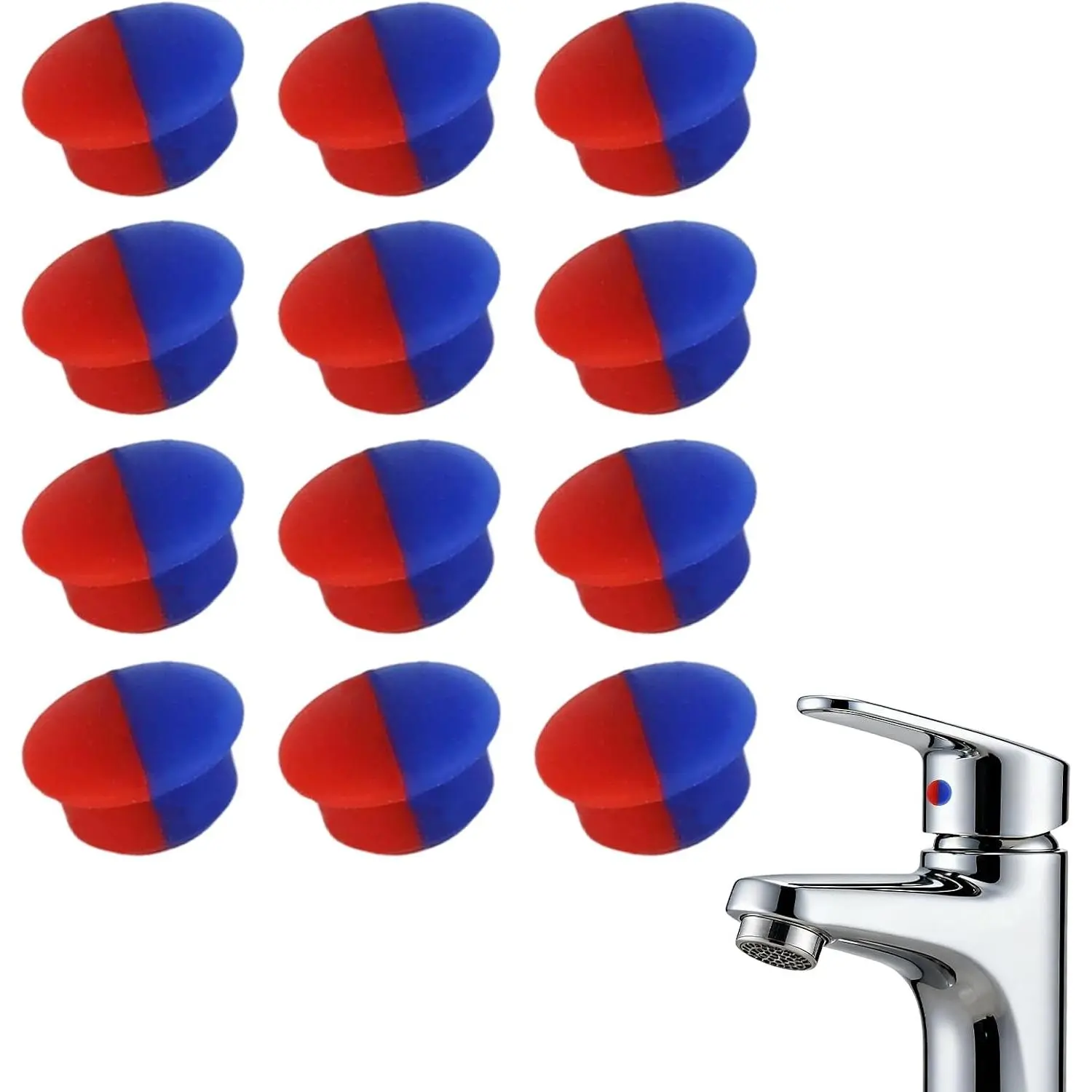 12-Pack Flexible Rubber Hot/Cold ID Set Pack Faucet Tap Insert Index Buttons, Tool-Free Install, RP53458 Replacement for 7mm Hole Kitchen/Bath Faucets, Red & Blue Temperature Caps, Plumbing Valves & Parts