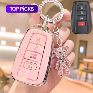 car key case, rhinestone bear decor car key protector, soft tpu key protective cover, lightweight car accessories for toyota rav4 camry corolla avalon c-hr prius gt86 highlander