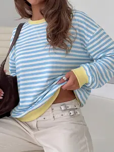 Women's Casual Striped Sweatshirt, Loose Fit Colorblock Patchwork Design, Trendy and Versatile Everyday Top, Perfect for Daily Wear