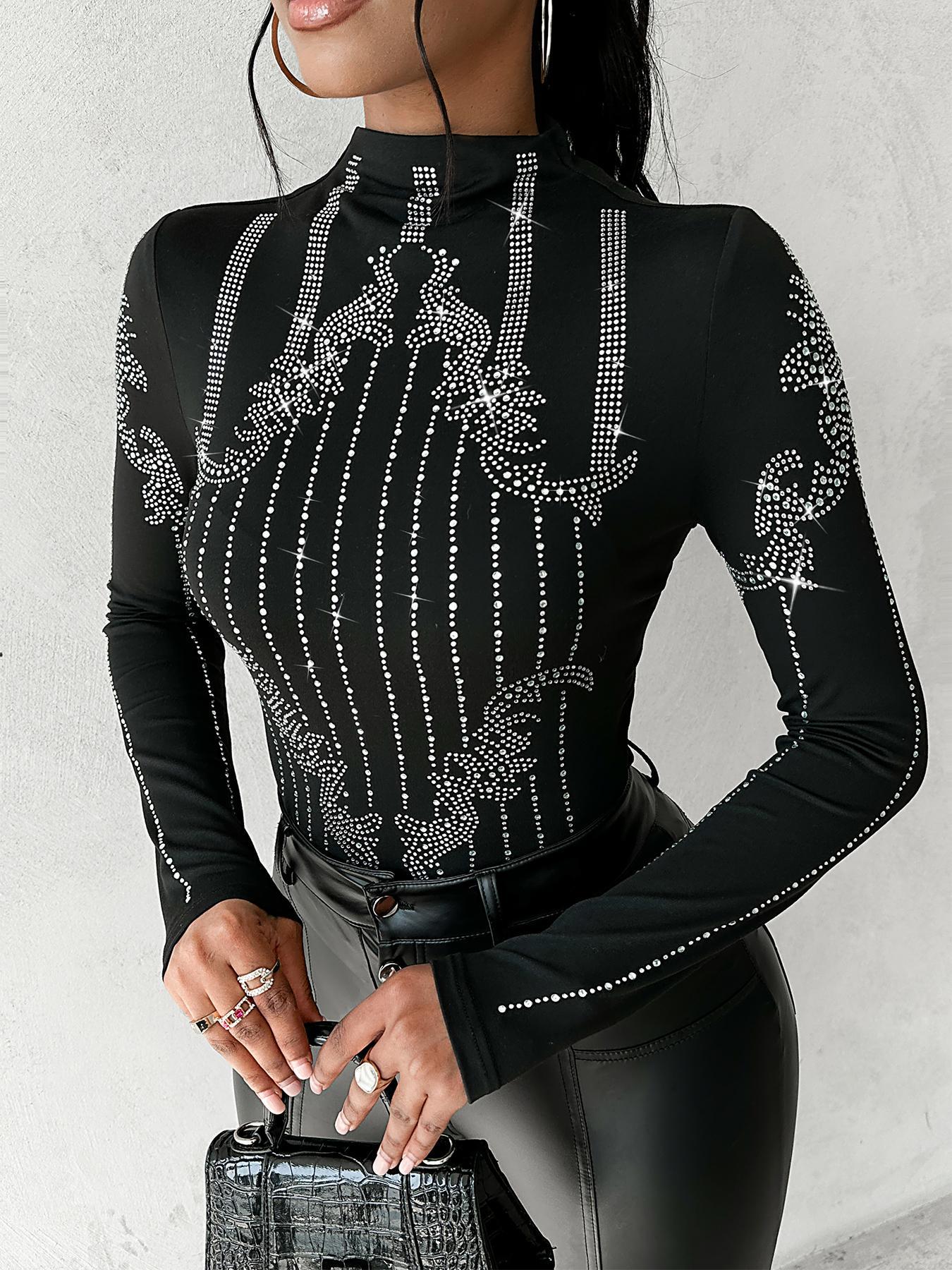 Women's Rhinestone Decor Mock Neck T-shirts, Elegant Long Sleeve T-shirts for Spring & Fall, Women's Clothing for Daily Wear, Casual Fashionable Top