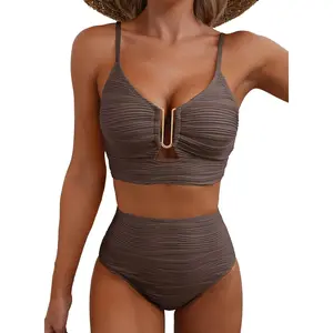 2 Piece Bikini Set U-Wire Cutout Popular Swimsuit High Waisted Textured 2026 Summer Beach Swim Bathing Suits