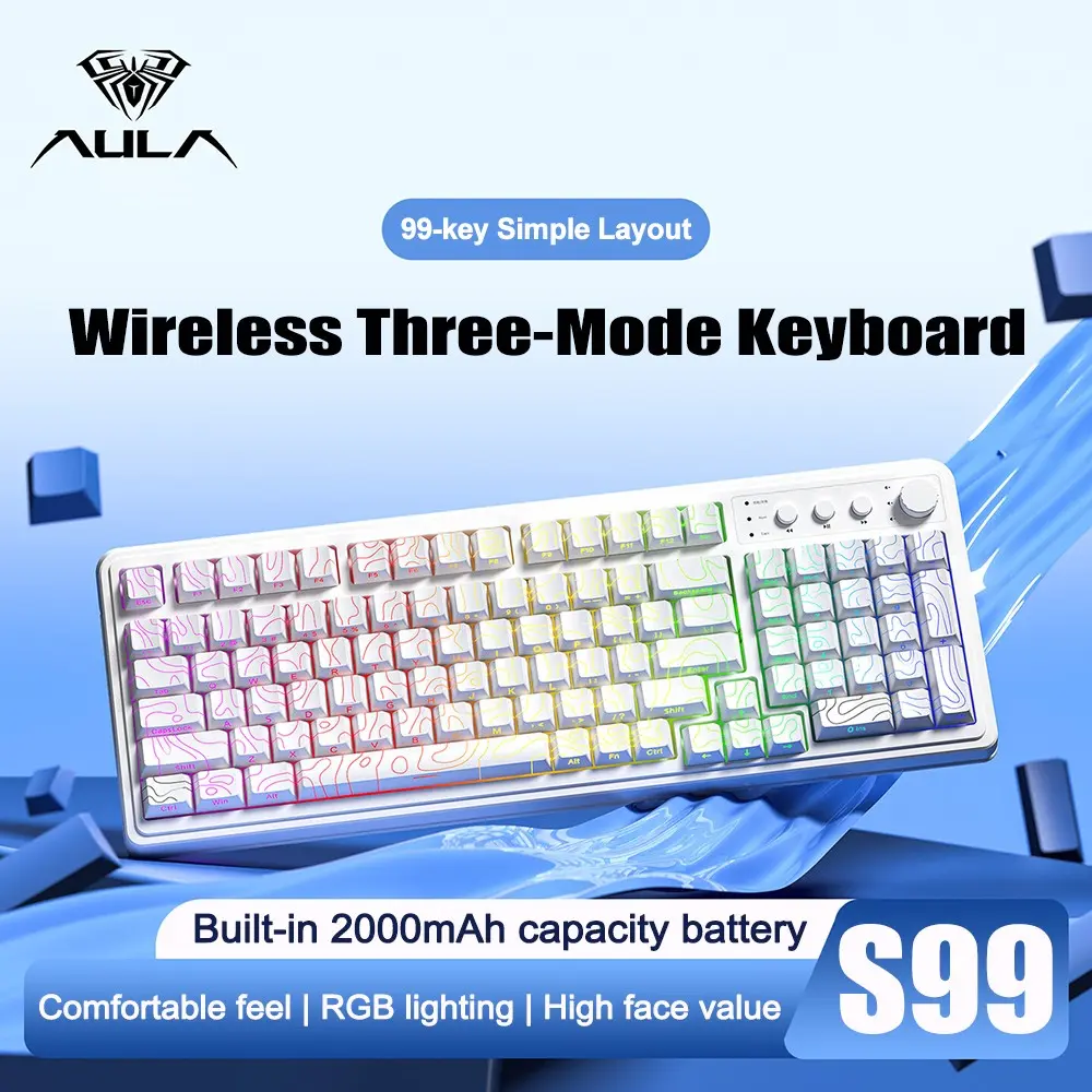 Aula S99 Three-Mode Office Keyboard, 99-Key Layout, Cool RGB Lighting, Thin Film Design, Type-C Charging, Compatible with Win/MAC/iOS Devices