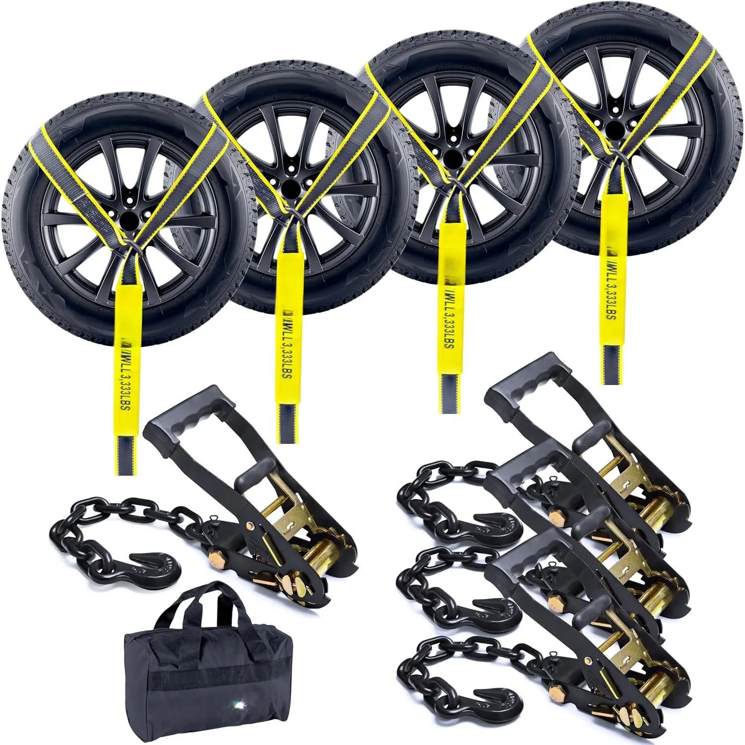 4 Pack Reflective  Tie Down Straps for  - Tire Ratchet Strap with Chain Anchors - 2" x 10' 10,000LBS Break Strength - Lasso Style Wheel Straps for Hauling UTV, SUV, , Any