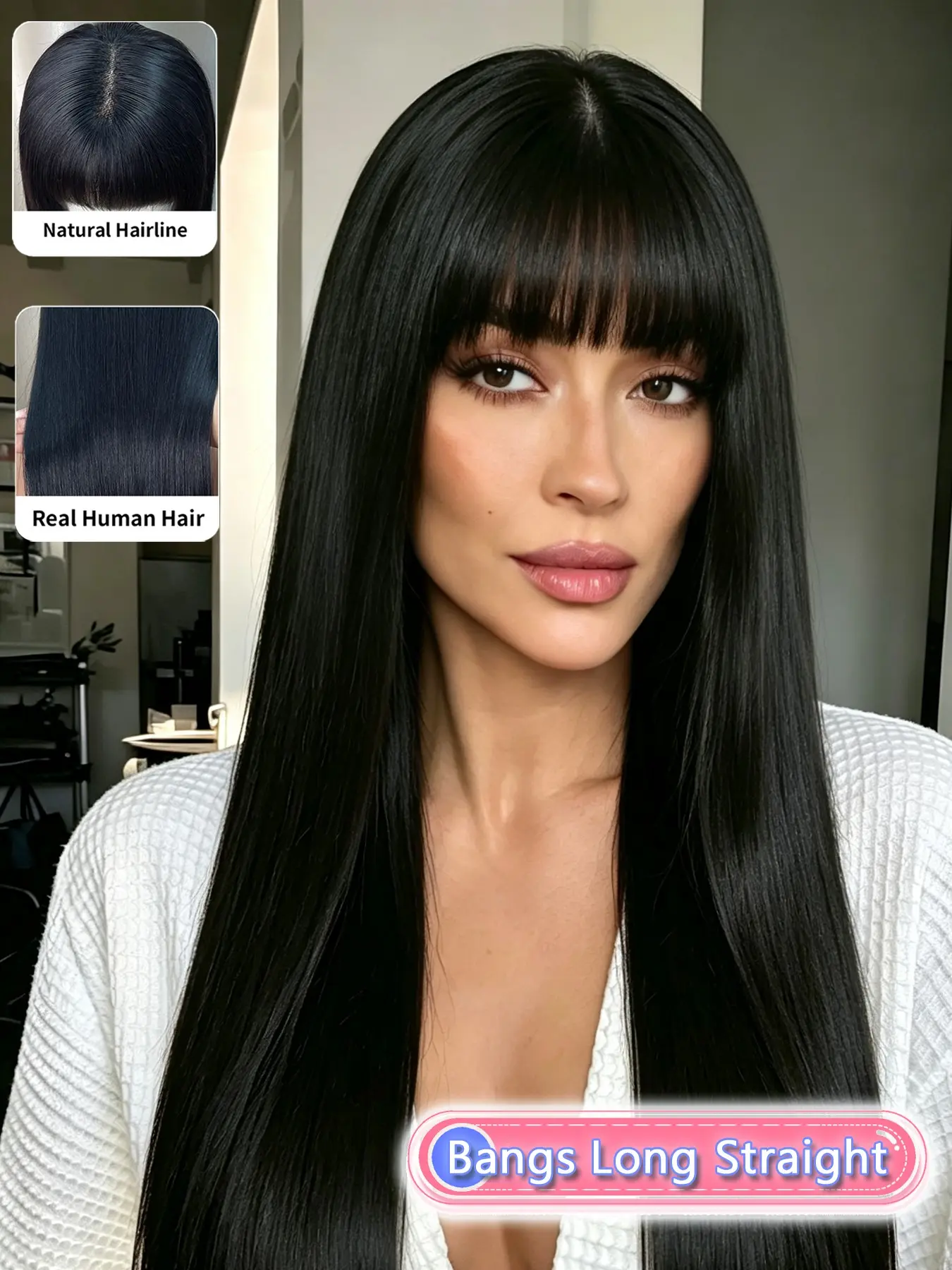 Human Hair Black Straight Wig with Bangs, Long Sleek Hair Style with 5x5 Lace Closure, Soft Full Fringe, Realistic Hair Movement, Lightweight Comfortable Fit, Everyday Fashion Choice for Women