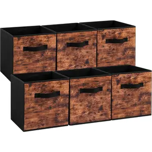 Fabric Storage Cubes, 6 Pack Foldable Storage Bins with Handle, 11 Inch Box for Shelves, Closet, Organizer, Rustic Brown and Black
