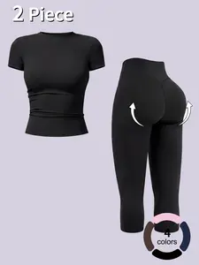Women’s Breathable Body-Shaping Yoga Outfit, High-Waisted Quick-Dry Fitness Wear, Versatile Three-Quarter Shorts Sports Set, Fitted Sportswear Set, summerwins