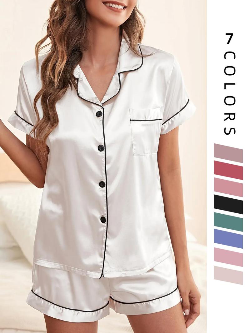 Two/Four/Six Counts Women's Satin Pyjama Lounge Co-ord Set, Lapel Collar Button Front Pocket Blouse & Contrast Binding Elastic Waist Pj Shorts Pajama Set, Lady Homewear for Summer, Back To School Wear Black Girl Wear Valentine's Day, gift