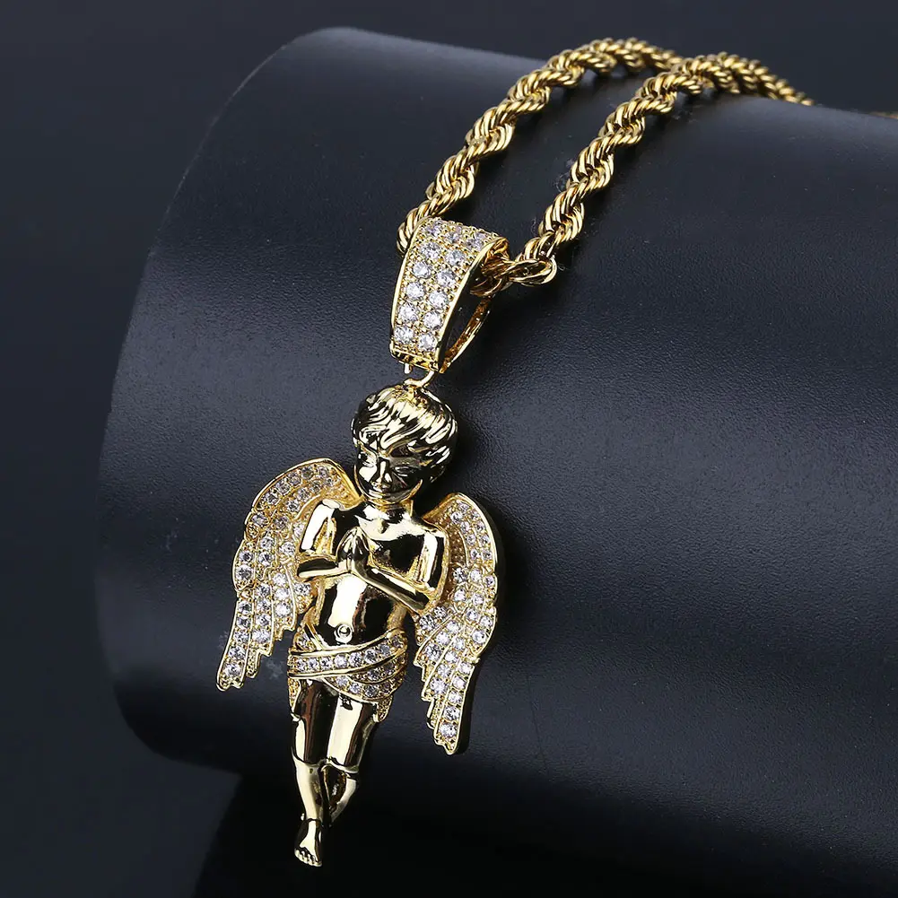 Iced Praying Angel Pendant Necklace, Gold Twist Rope Chain Hip Hop Jewelry, Men Bling Religious Jewelry, Mens Jewellery, Gift For Dad Father long-lasting material faith