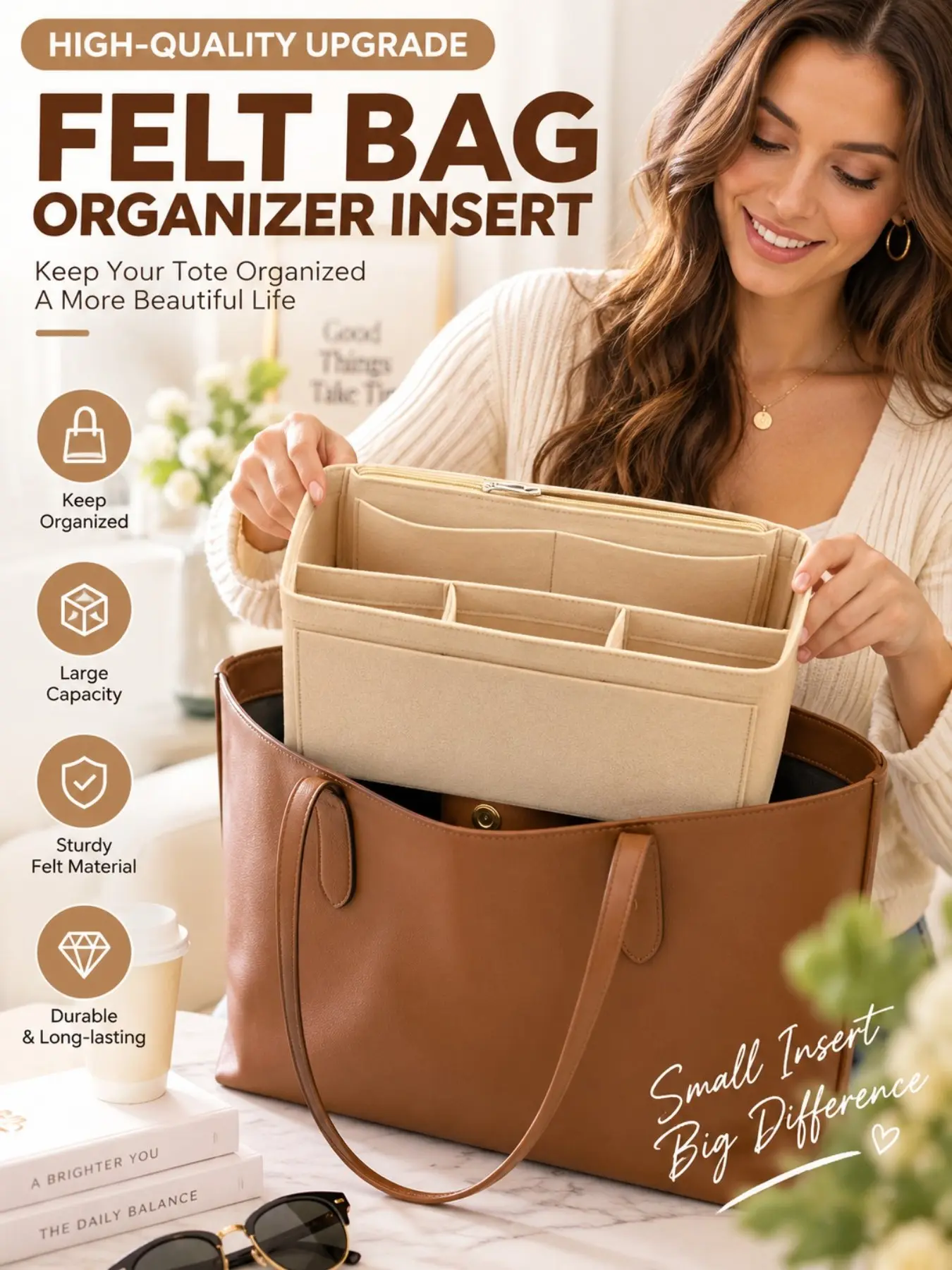 Felt Purse Organizer Insert for Large Tote Bag, Purse Organization, Multi-Pocket Handbag Liner with Secure Zipper, Lightweight Bag Shaper for Travel, Work and Daily Storage, Summer & Winter Essentials, Christmas Gift for Mom Wife Girlfriend