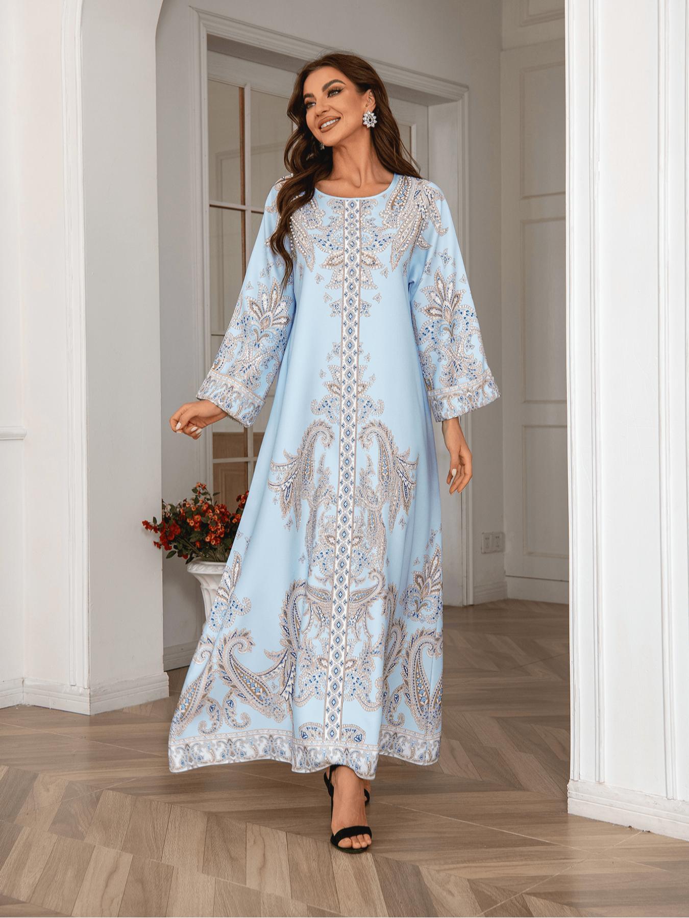 Women's Floral Print Long Sleeve Dress, Elegant Aesthetic Round Neck Dress for Party Holiday Wedding Guest, Ladies Clothes for All Seasons