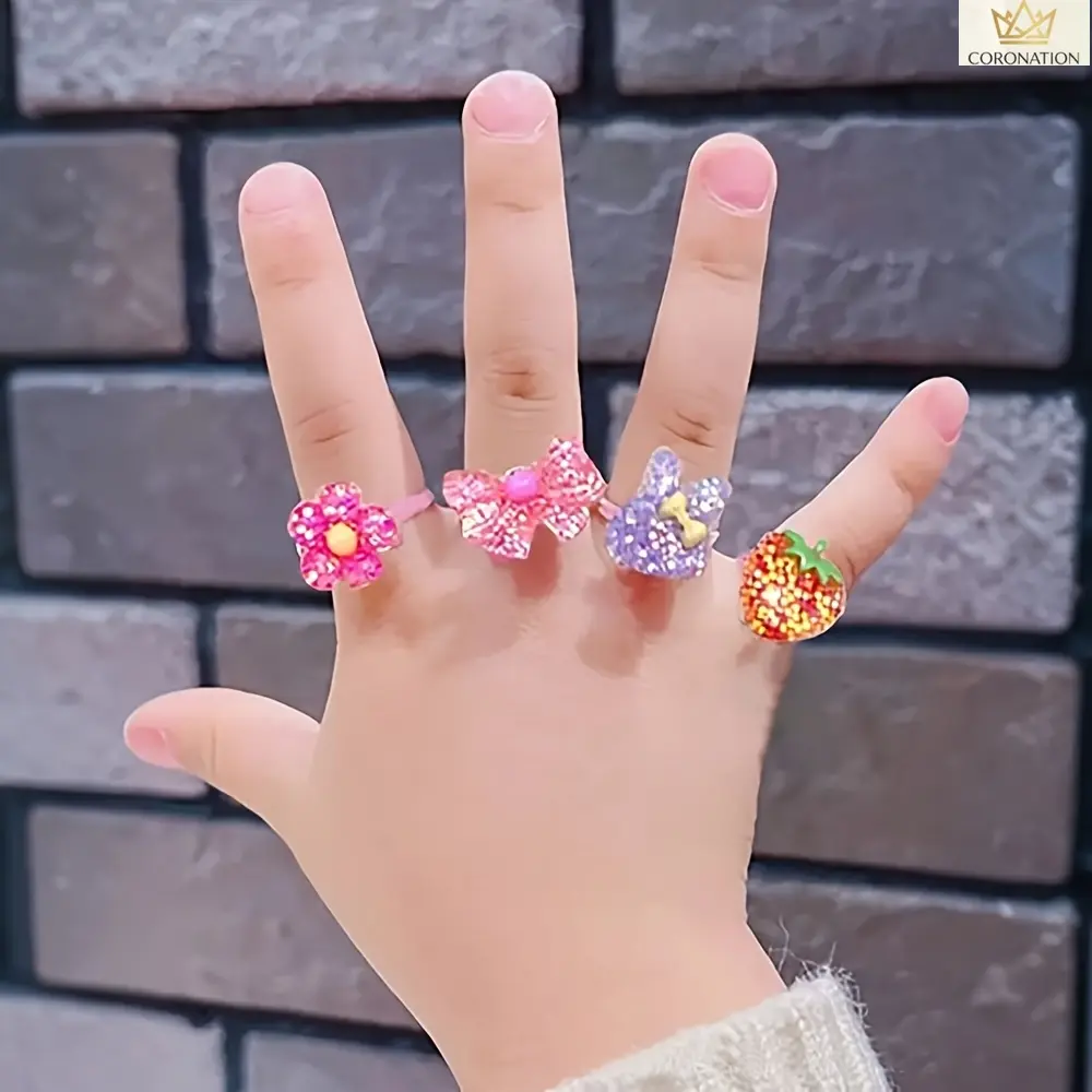 10 Pack Cute Cartoon Rings for Girls, Trendy Colorful Shiny Finger Jewelry Accessories, Adjustable Kawaii Character Rings for Kids, Fun Party Favor Gifts for Daughters & Granddaughters, Birthday, Christmas and New Year Present