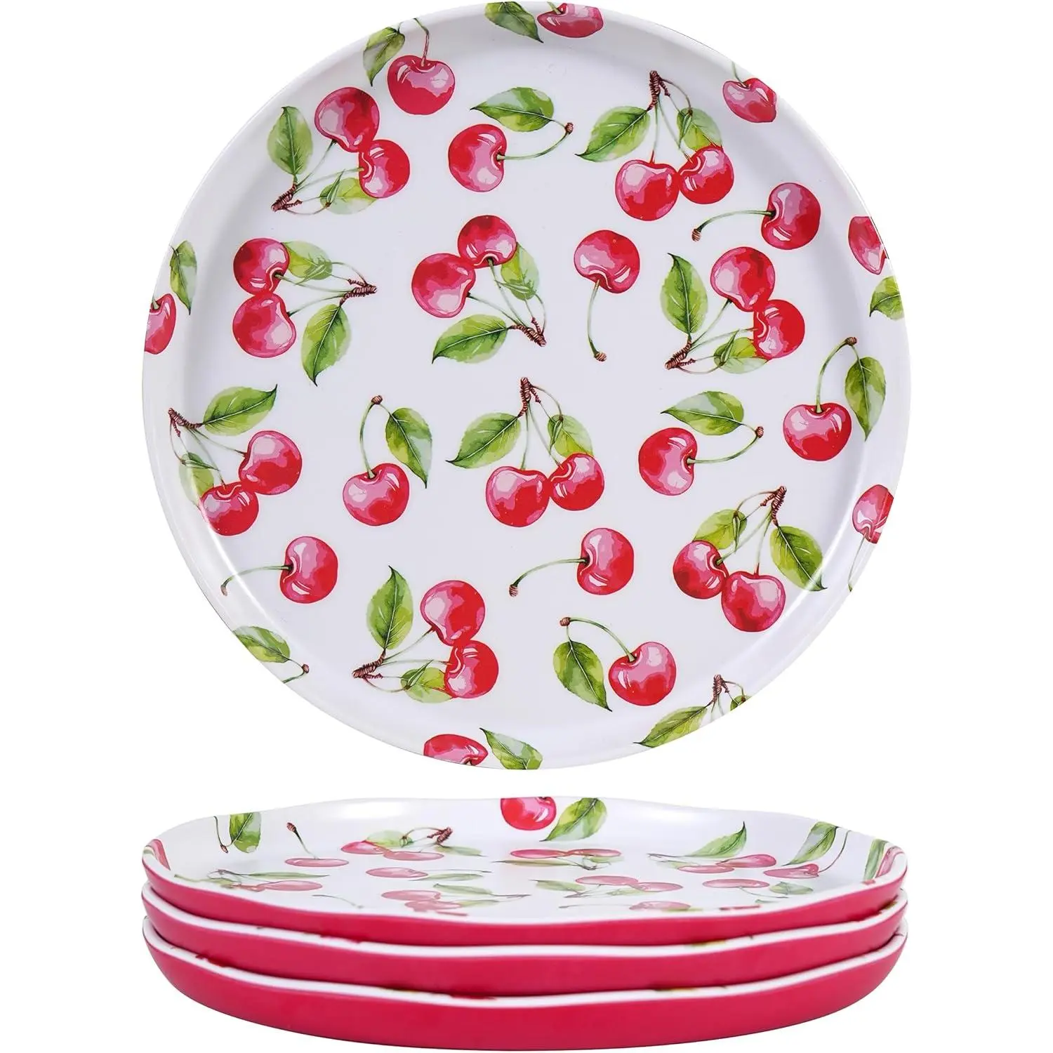 4 Pcs Cherry Melamine Plates, 8 Inch Red Round Cute Fruit Salad Dinner Plates, Dishwasher Safe Decorative Plates Set for Summer Picnic Outdoor Party Kitchen Tableware