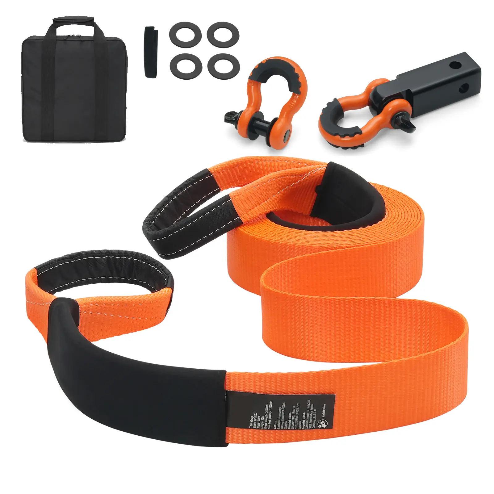 Polyester Heavy Duty Tow Strap Recovery Kit 3" x 30 ft (MBS-36,000 lbs) Winch Strap, Triple Reinforced Loop, Snatch Strap + 2" Shackle Hitch Receiver + 3/4" D-Ring Shackles (2PCS) + Storage Bag