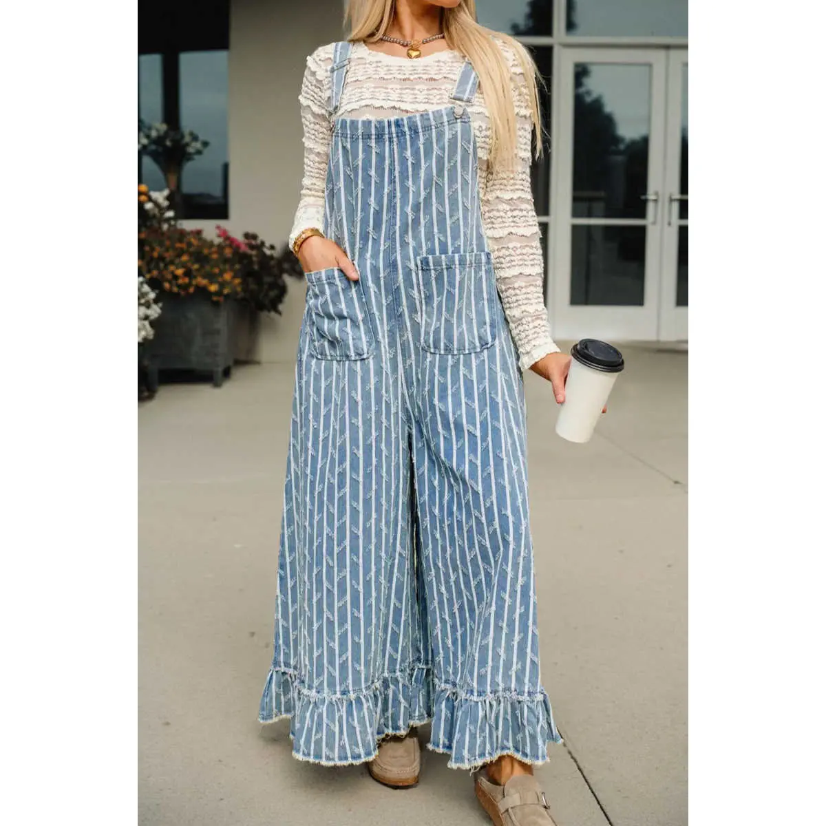 Women's Myosotis Striped Distressed Ruffled Wide Leg Denim Overalls, Adjustable Strap, Twist Detail, Casual Everyday Wear, Overalls For Women