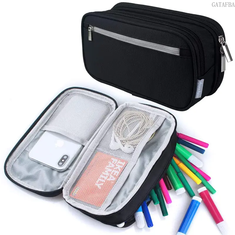 Large Capacity Multi-Functional Pencil Bag, Three-Layer Partition Design, Minimalist Solid Color Stationery Pouch for Primary School Students