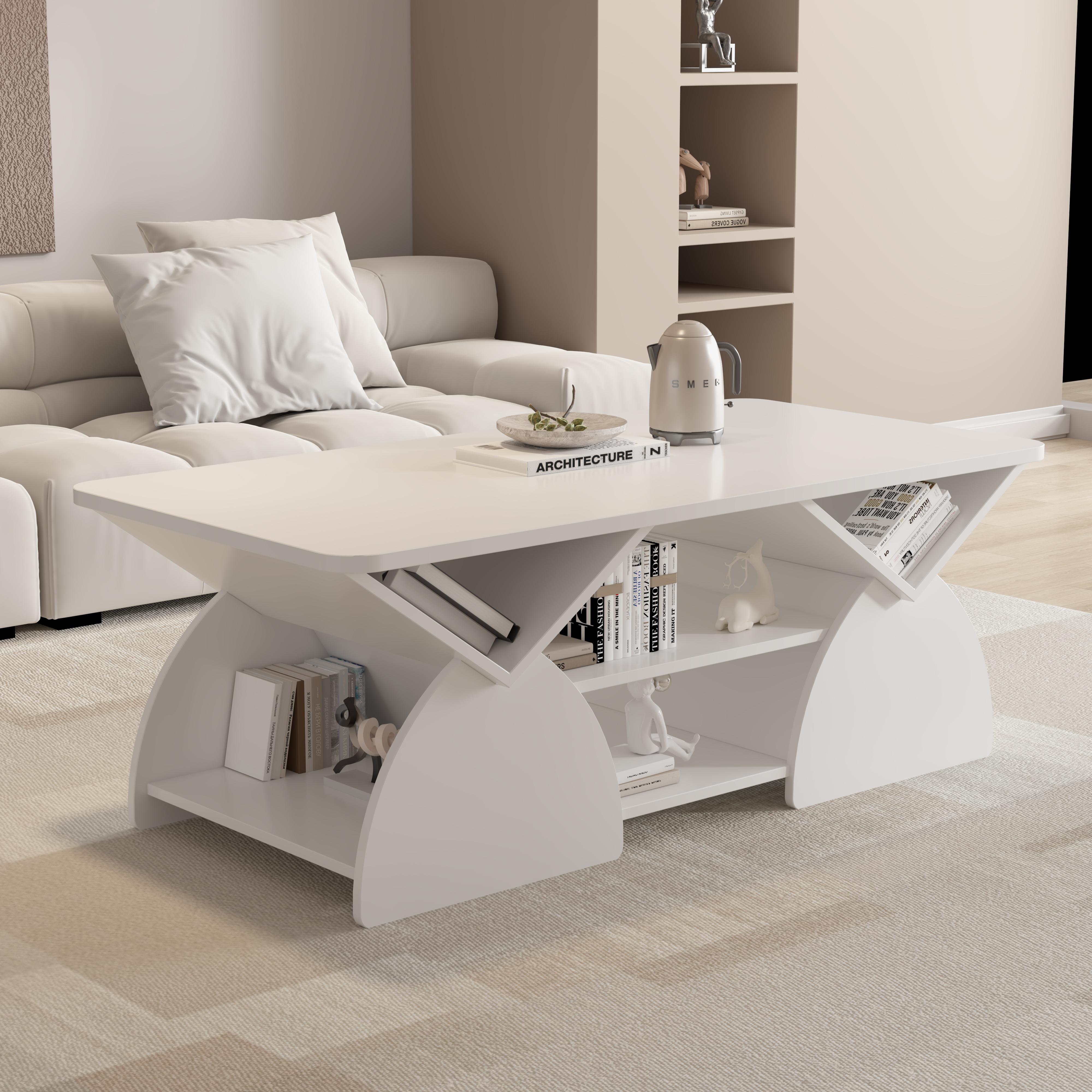 Engineered wood rounded corner rectangular coffee table for living room, easy assembly storage table with open shelves sturdy frame for Reception Room, Modern Coffee Table Geometric Design Engineered wood rounded corner rectangular coffee table for living room, easy assembly storage table with open shelves sturdy frame for Reception Room, Modern Coffee Table Geometric Design