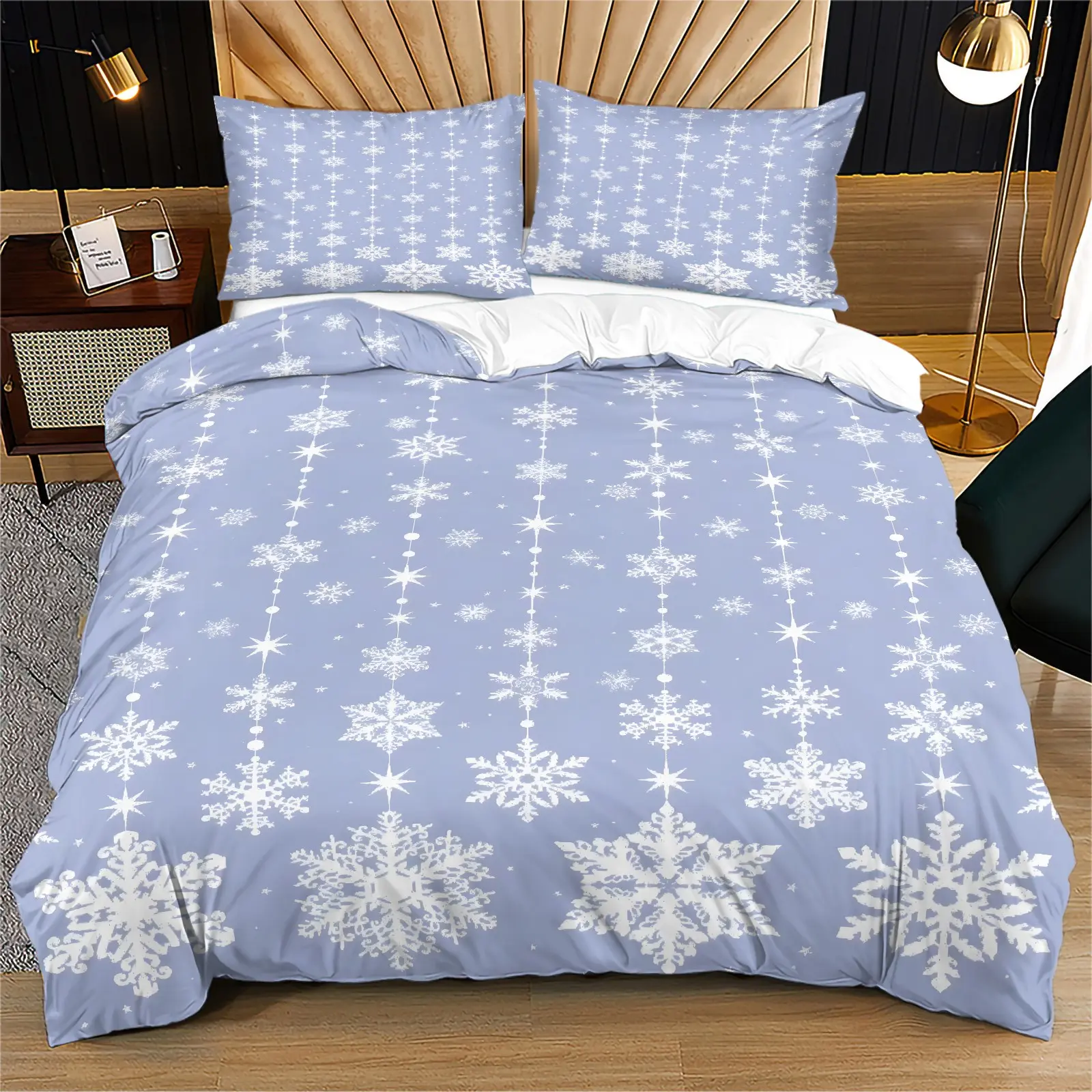Dusty Blue Vertical Snowflake Star Duvet Cover Set, Winter Themed Bedding Set, Soft Breathable Microfiber, HD Fade-Proof Digital Print, Hidden Zipper & Corner Ties, Machine Washable, Includes 1/2 Pillowcases - without Core Calm Winter Bedroom Decor
