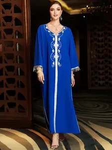 Elegant Blue Long Robe for Women, Silver Color Beaded V-Neck Waist Cinch Dress, Loose Fit Middle Eastern Fashion, High-End Party Gown