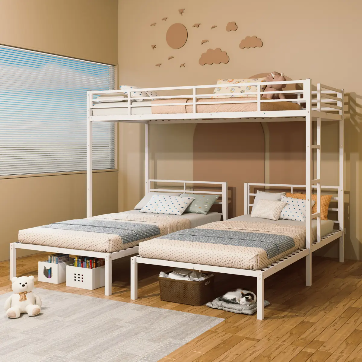 Triple Bunk Bed,3 Bed Bunk Beds for 3,Metal Triple Bunk Beds,Separates Into 3 Twin Beds,Noise Reduced Structure,White