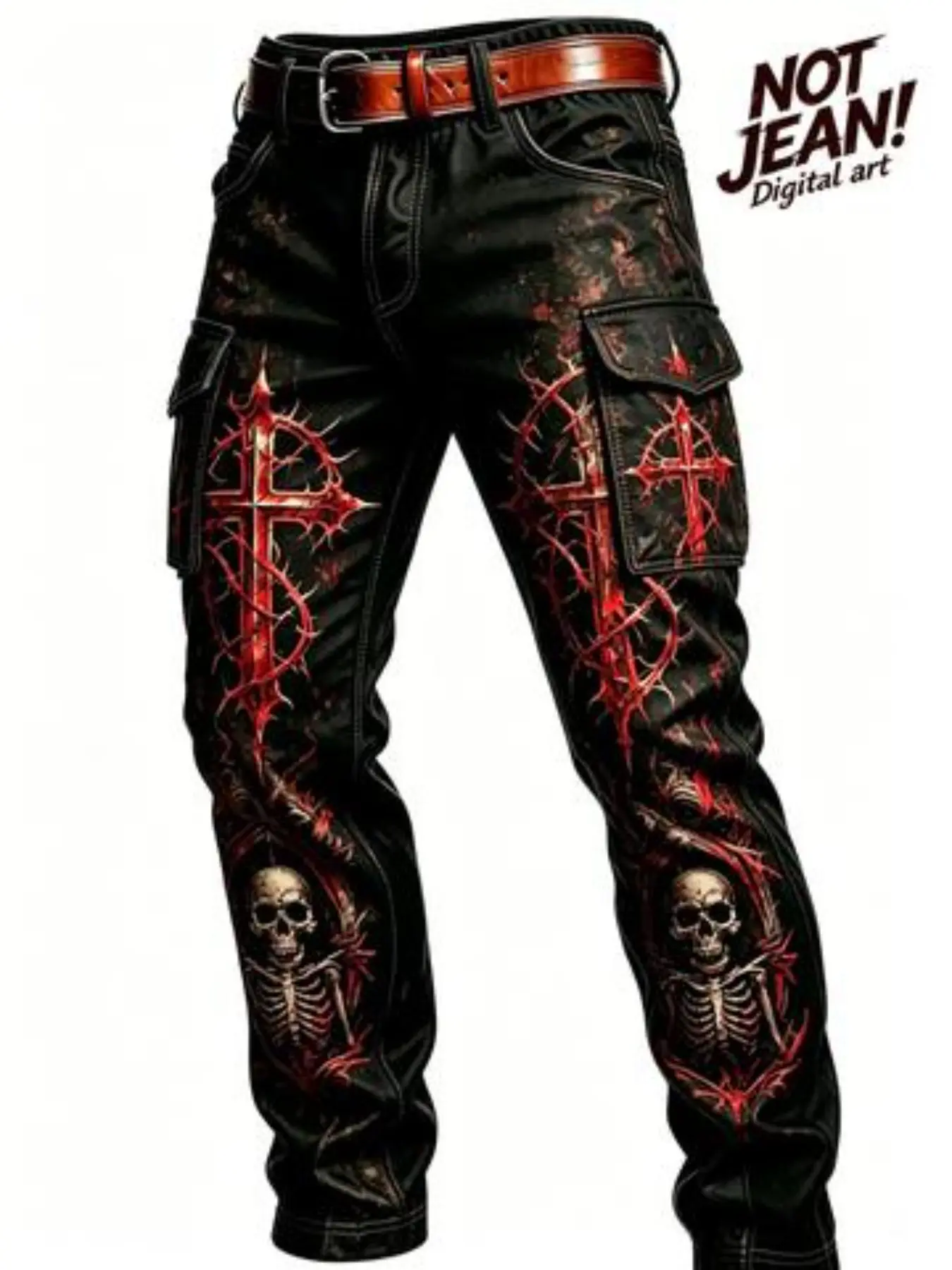 Dark Skull Cross Print Work Pants, High Visual Impact Subculture Men's Straight Leg Jeans, Casual Ankle-Length Mid Waist Long Pants